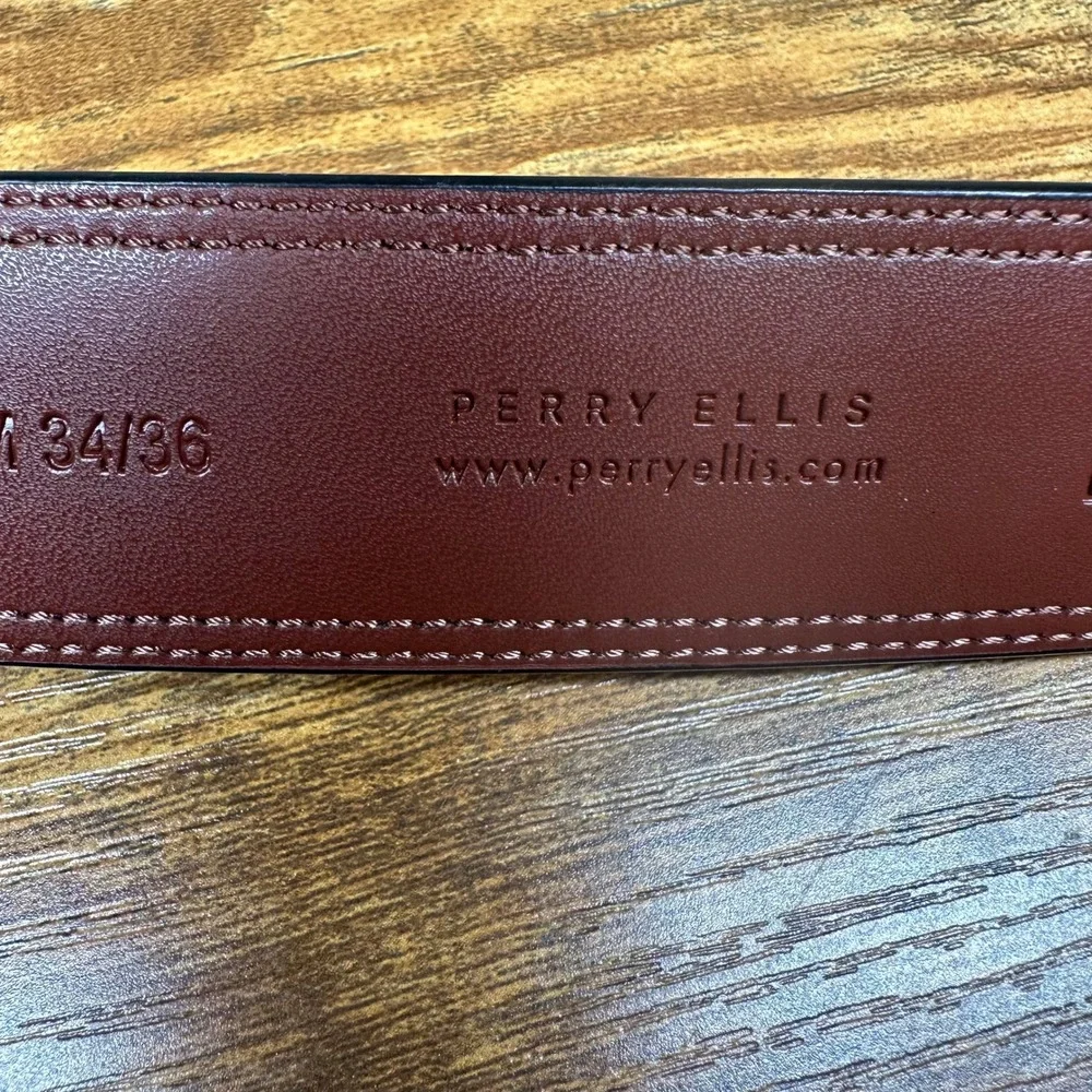 NEW Perry Ellis Mens Black Bonded Leather Belt Satin Nickel Buckle 34-36 1P36913